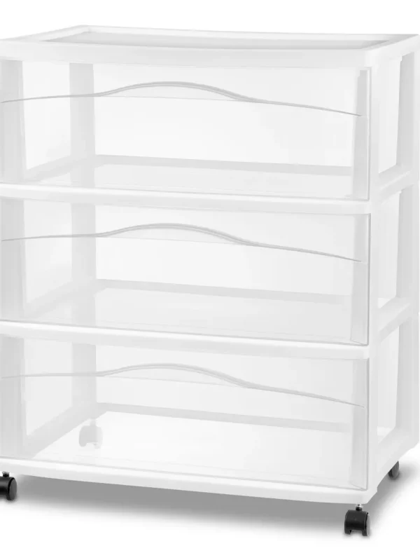 3 Drawer Wide Cart White: Plastic Storage Drawers, Utility Cart with Casters, Portable Universal Storage