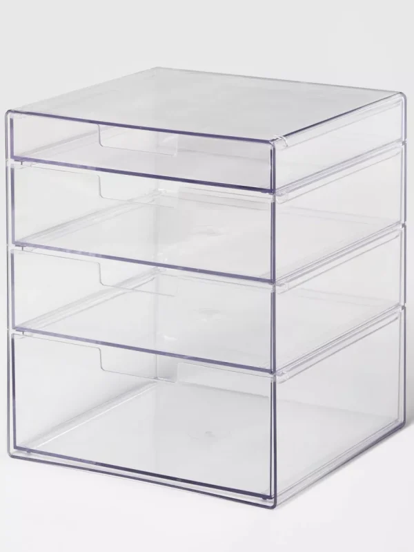4 Drawer Stackable Countertop Organizer Clear: Bathroom & Makeup Organizer, PETG Material, 8.02" Height